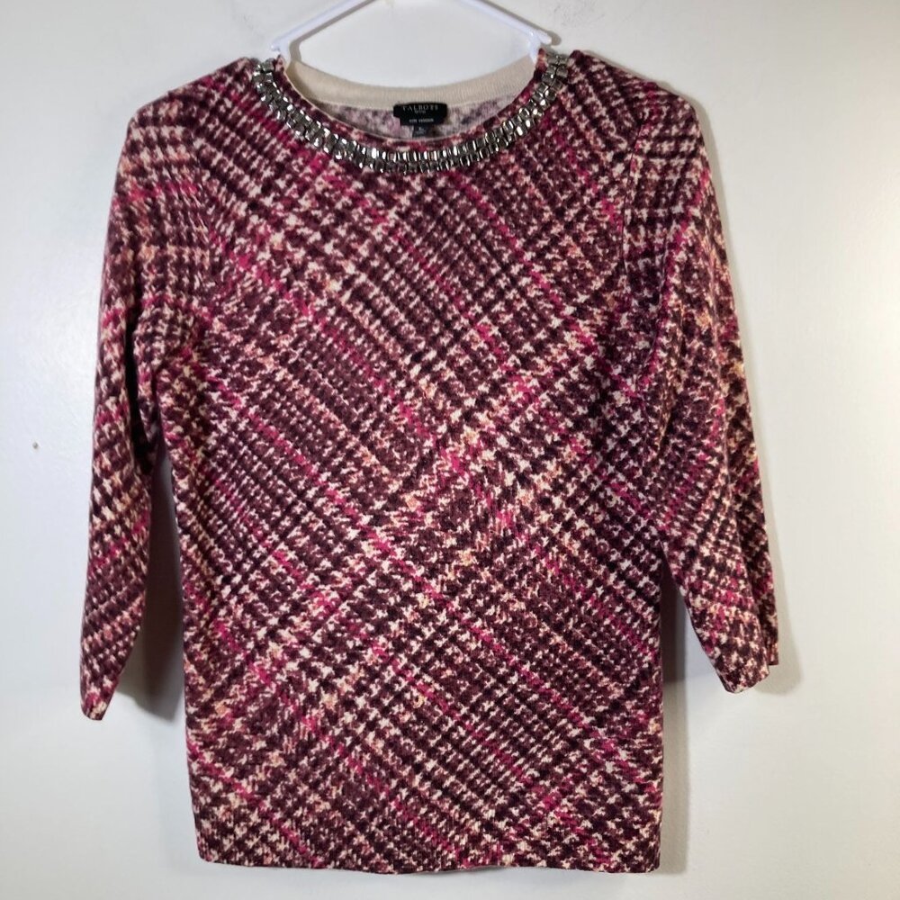 Womens Talbots Cashmere 3/4 Sleeve Jeweled Sweater Plaid Pattern SP Cashmere